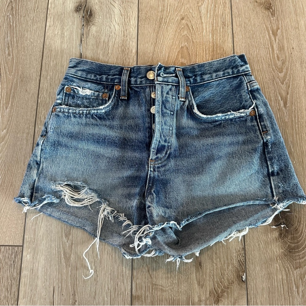 Agolde Blue Denim Button Up Ripped Jean Shorts Pockets 23